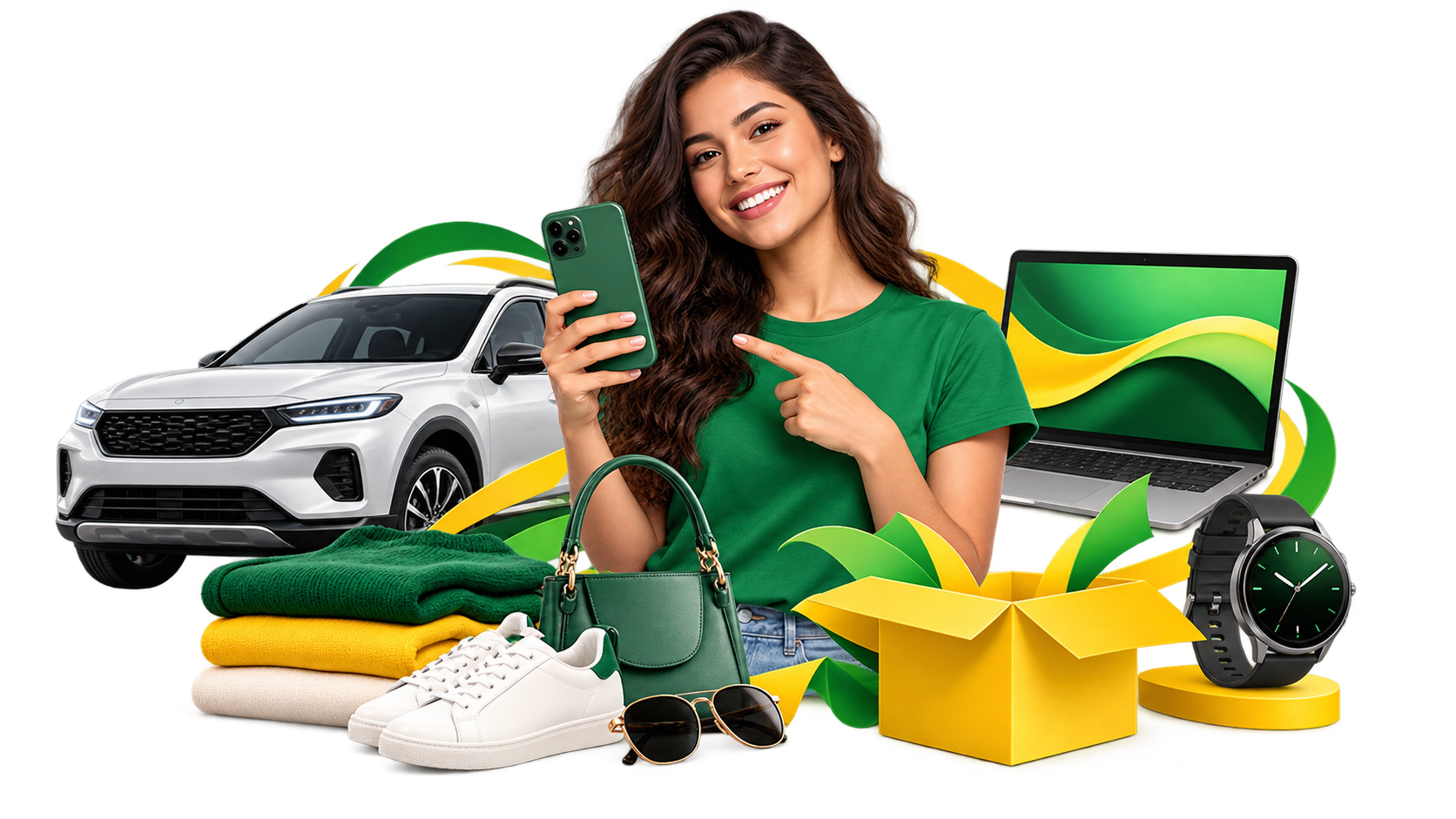 Pessoa com celular ao lado de carro, notebook, relógio e roupas disponíveis no Vendaí